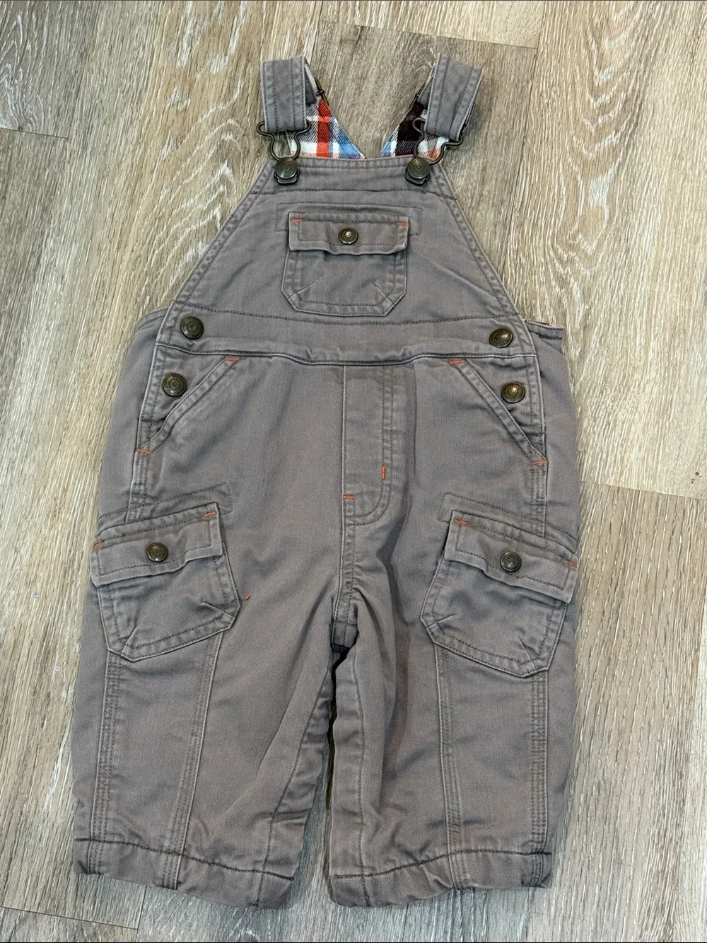 Vintage babyGap Baby Boy Fully Lined Plaid Overalls Beige Brown 6-12 Months